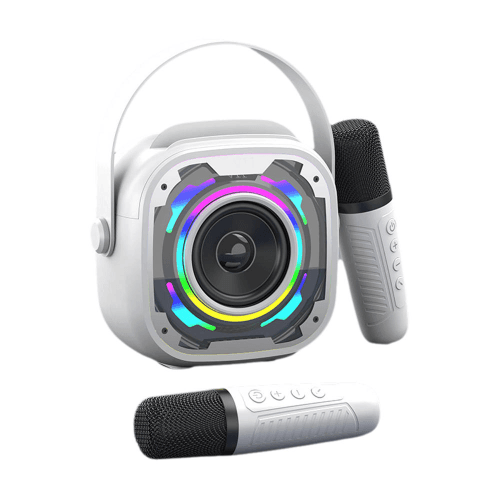 Portable desktop Bluetooth speaker with microphone, wireless home & outdoor karaoke speaker. Color: white, dual mic.