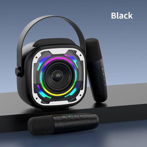 Portable desktop Bluetooth speaker with microphone, wireless home & outdoor karaoke speaker. Color: black, dual mic.