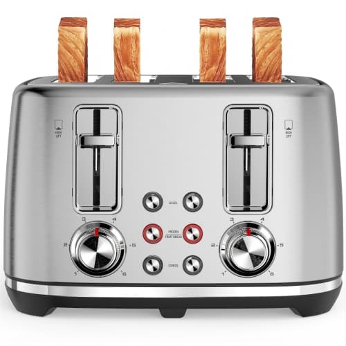 Toaster 4 Slice, Retro Styled Stainless Steel, Wide Slot Bagel Toaster, Dual Independent Controls, Removable Crumb Tray, Easy to Clean, 6 Shade Settings, Reheat & Defrost, Silver