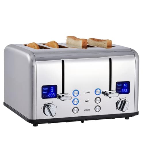 4 Slice Toaster, Ultra-Clear LED Display & Extra Wide Slots, Dual Control Panels of 6 Shade Settings, Cancel/Bagel/Defrost Function, Removable Crumb Trays, Stainless Steel Toaster