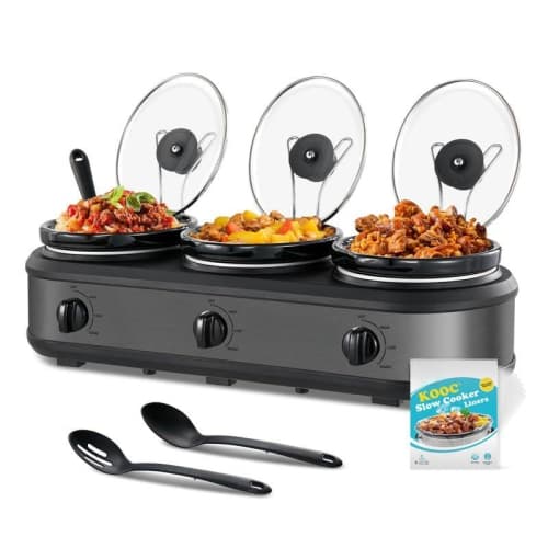 Triple Slow Cooker Buffet Server and Food Warmer 3x1.5 Quart Individual Temp Control With Lid Rests & Spoons With Liners Included Grey