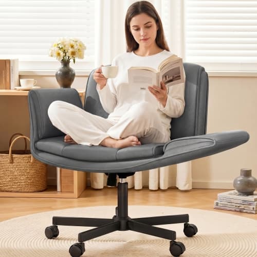 Coolhut 4 in 1 Cross-Legged Home Office Chair with Wheels & Expandable Arms, PU Leather Wide Seat Vanity Chair, Swivel Computer Chair, Tilt, Criss Cross Desk Chair for Makeup Room