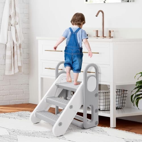 Foldable Step Stool, 2-in-1 Adjustable 3-Step Kids Stool with Handles, HDPE Plastic, Grey, Learning Helper for Potty Training, Bathroom Sink & Kitchen Counter