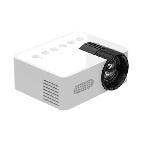 White portable mini home projector, wireless connection with smartphone for home theater use.