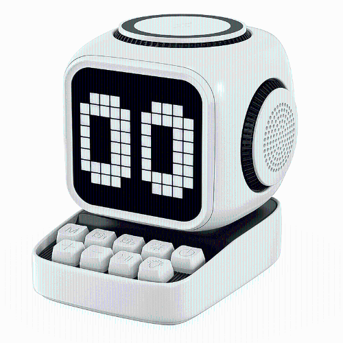 White smart Bluetooth speaker with retro TV movie robot magnetic fast wireless charger, portable speaker alarm clock.