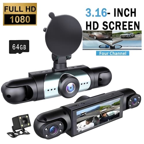 4 Channel Dash Cam 360° View,1080P Front and Rear Inside,Left Right Dash Camera for Cars,with Night Vision,WiFi Control,G-Sensor,Loop Recording,Parking Mode,64GB SD Card