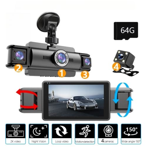 4 Channel 2K Dash Cam Front and Rear Inside,360° View 1080P Dash Camera,Car Dash Cam with Night Vision G-Sensor Loop Recording WDR 24H Parking Mode,WiFi Control,with 64GB Card