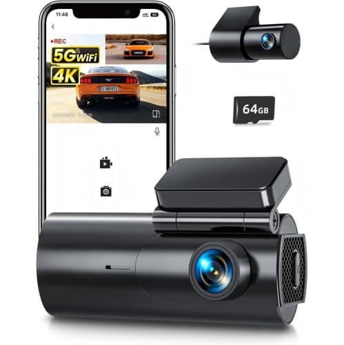 Dash Cam Front and Rear Camera – 4K+1080P Dual Dash Camera for Cars with 64GB SD Card, 5G/2.4GHz WiFi & App Control, Night Vision, Parking Mode, G-Sensor, Loop Recording, WDR, 170°