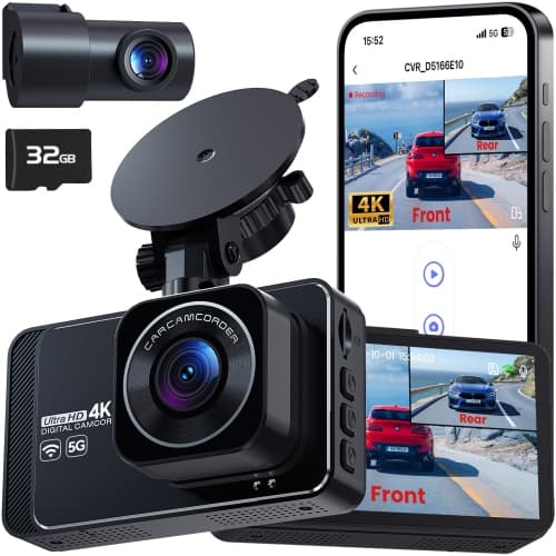 Dash Cam Front and Rear Camera with App Control, 4K+2K Dashcams for Cars with 5G WiFi, Night Vision, G-Sensor, Loop Recording & 24H Parking Mode, 170°Wide Angle, 32GB Card