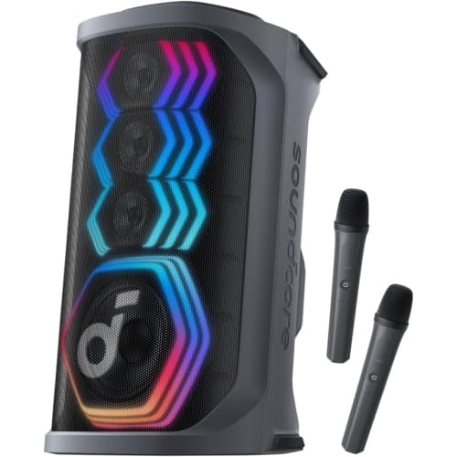 Soundcore Rave 3 Al Karaoke Speaker with 2 Wireless Microphones, 160W Sound, Al Vocal Removal, Vocal Enhancer, Reverb, Light Show, Portable Design 12H Playtime (Renewed), Black