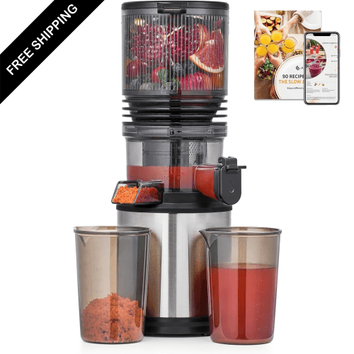 Cold Press Juicer Machine with 6" Extra-Wide Feed Chute,Triple Stainless Steel Filter,Quiet DC Motor,Easy to Clean,Slow Masticating Juicer High Juice Yield,Grey