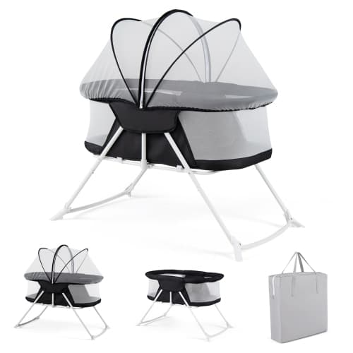 Costway 2 in 1 Baby Bassinet with Rocking Motion,Foldable Bedside Sleeper with Breathable Mesh Black, Gray, Beige