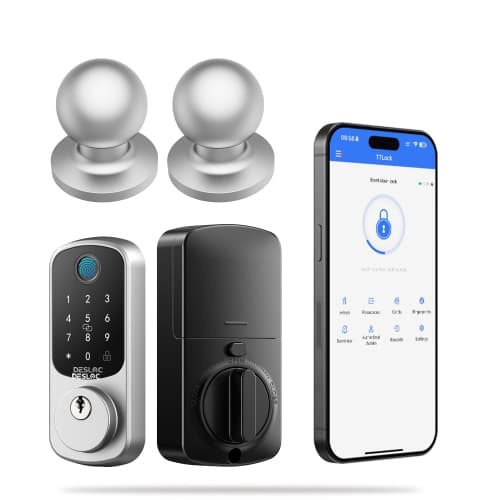 DESLOC B200 Smart Door Lock with Handles/Levers, Smart Keypad Deadbolt with Fingerprint, TTLock App for Front Door, Silver