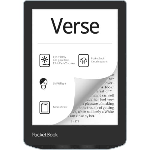Refurbished (Excellent) - PocketBook Verse E-Reader, Bright Blue, 6" E-Ink Carta HD Touchscreen, Adjustable SMARTlight, 8GB Storage, Wi-Fi, USB-C, Memory Card Slot