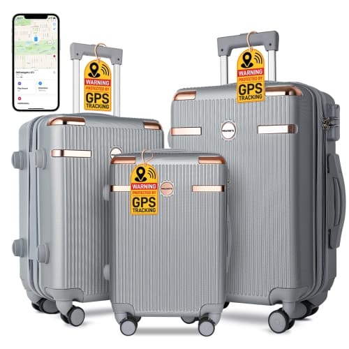 IMGadgets Go Luggage Set (3 pc) | FREE 3 Smart GPS Tracker, Hard Side Lightweight & Durable ABS Polycarbonate | 360° Spinner Wheel | TSA-Approved Lock | Retractable Handle (Silver)