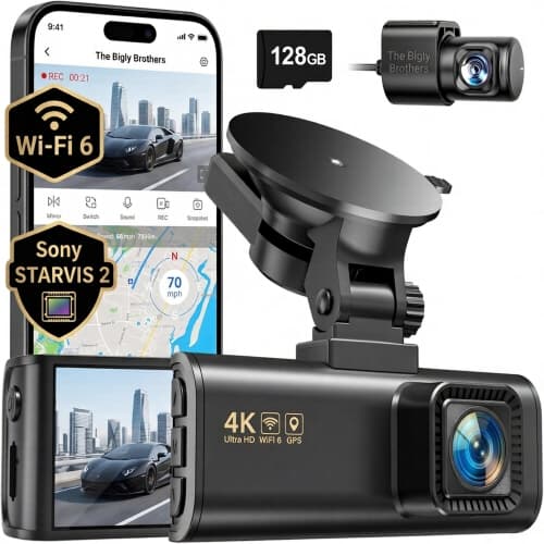 4K Front and Rear Dash Cam with 5.8GHz WiFi, 128GB Card, GPS, 3.18” IPS Screen, Night Vision, 170° Wide Angle, WDR, 24H Parking Monitor