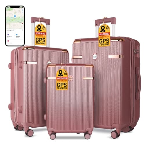 IMGadgets Go Luggage Set (3 pc) | FREE 3 Smart GPS Trackers, Hard Side Lightweight & Durable ABS Polycarbonate | 360° Spinner Wheel | TSA-Approved Lock | Retractable Handle (Rosé)