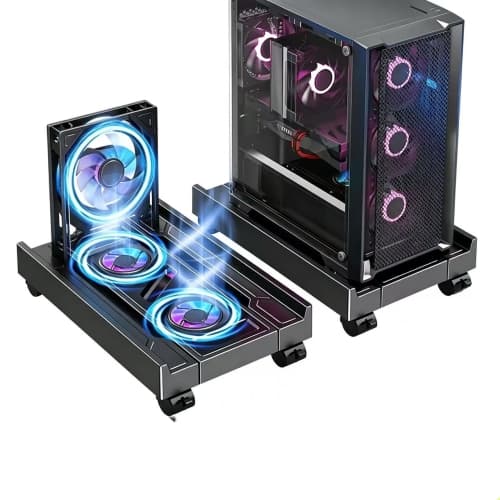 Adjustable PC Tower Stand with Cooling Fan & RGB Lights, Mobile CPU Holder with 4 Rolling Casters for Desktop Computer Cases