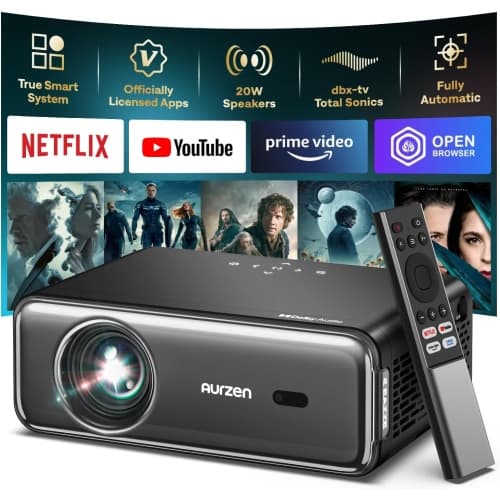 Open Box - Aurzen EAZZE D1 Pro Smart Projector, Native 1080P, 4K Supported, Official Netflix, Prime Video and YouTube, WiFi, Dolby Audio, 20W Speakers, Auto Focus, Grey