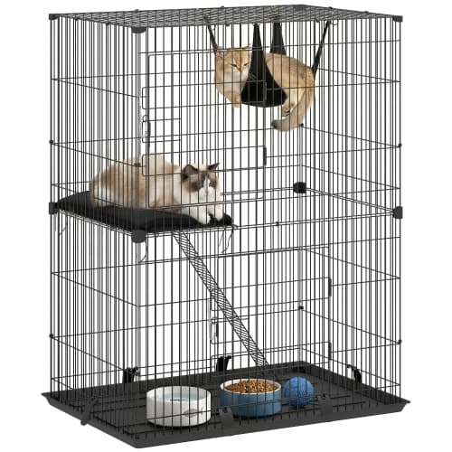 PawHut 2-Tier Cat Cage Catio Indoor, Cat Enclosure Playpen with 2 Lockable Doors, Hammock, Ladder, Platform, Bottom Tray and Cushion for 1-2 Kittens, Black