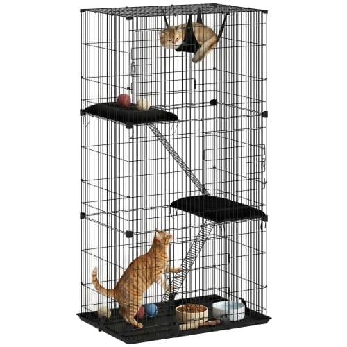 PawHut 3-Tier Cat Cage Catio Indoor, Cat Enclosure Playpen with 3 Lockable Doors, Hammock, 2 Ladders, Platforms, Bottom Tray and Cushions for 1-2 Kittens, Black