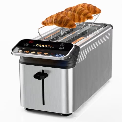 WHALL Long Slot 4 Slice Toaster, Touch Screen Toasters with Projection Display, 1.5" Wide Slot, 5 Bread Types & 11 Shade Settings, Digital Timer, Warming Rack, Crumb Tray,Silver