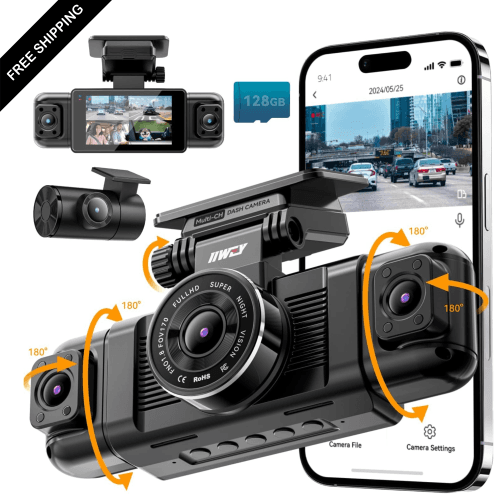 4 Channel Dash Cam, 360° All-Sides View, FHD 1080P Front and Rear Inside, Left Right Dash Camera for Cars, 8 IR Lamps, 5G WiFi & APP Control, 24H Parking Mode, G-Sensor, with a 128