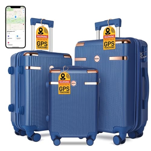 IMGadgets Go Luggage Set (3 pc) | FREE 3 Smart GPS Trackers, Hard Side Lightweight & Durable ABS Polycarbonate | 360° Spinner Wheel | TSA-Approved Lock | Retractable Handle (Blue)