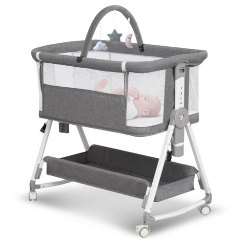 Baby Bassinet, 3 in 1 Bedside Bassinet for Baby with Hanging Toys, Portable Foldable Bedside Sleeper 4-Sided Mesh Bedside Crib with Wheels and Storage Basket, 7 Height Adjustable (