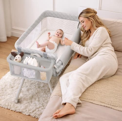 Baby Bassinet Bedside Crib, 4-in-1 Baby Bassinet Bedside Sleeper for Newborn with Mesh & Mattress, Easy Move Crib for Newborns with Lockable Wheels & Storage Basket, 4-Adjustable H