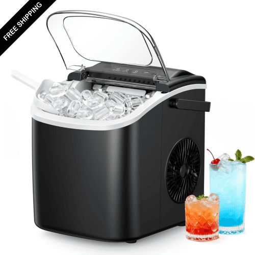 Countertop Ice Maker Machine with Handle, 26lbs in 24Hrs, 9 Ice Cubes Ready in 6 Mins, Auto-Cleaning Portable Ice Maker with Basket and Scoop, for Home/Kitchen/Camping/RV. (Black)
