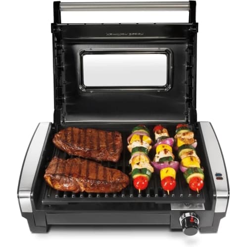 Hamilton Beach Electric Indoor Searing Grill, Stainless Steel, Viewing Window, Adjustable Temperature to 450°F, PFAS-Free Removable Nonstick Grate, 118 sq in