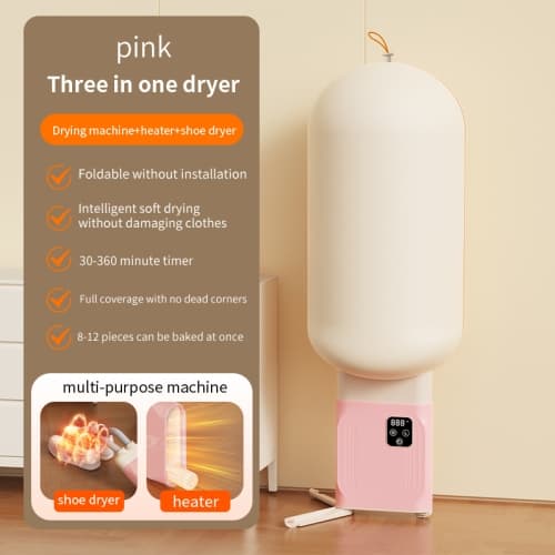 Multifunctional portable clothes dryer, can dry clothes and shoes, high-temperature sterilization, timer function, no need to supervise (US plug, pink).