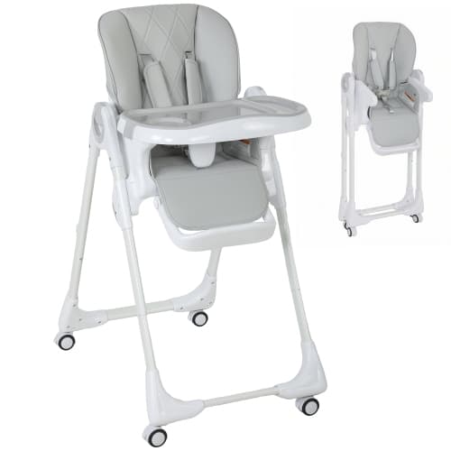 Qaba Baby High Chair, Foldable Dining Booster Seat with Adjustable Seat Height, Backrest, Footrest and Tray, Removable Double Tray, Wheels for Babies 6-36 Months, Light Grey