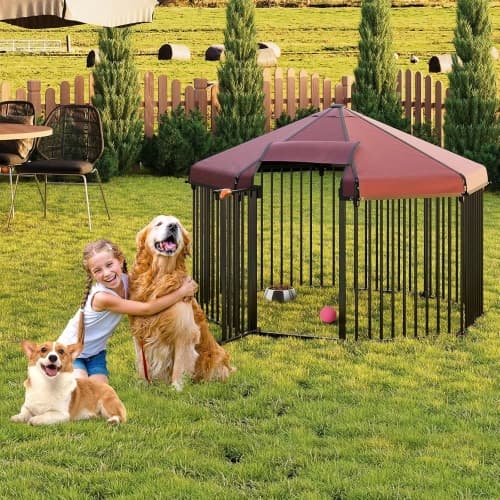 GARVEE Outdoor Dog Kennel With Roof, Outdoor Dog Playpen With Metal Gate,Portable Easy Setup, Octagon Dog Pen With Lock For Outdoor Backyard (4.9x4.9x3.6FT)
