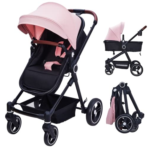 2-in-1 Convertible Baby Stroller/Bassinet – Lightweight, Removable Seat, Shock-Absorbing Wheels, Large Basket&Cup Holder