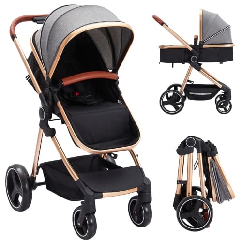 2-in-1 Convertible Stroller/Bassinet: Reversible Seat, Adj. Canopy & Backrest, Foldable Aluminum High Landscape Frame