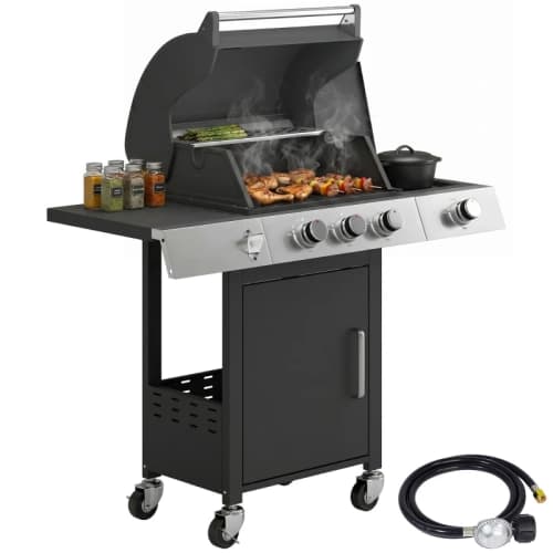 Outsunny 3 Burner Propane Gas Grill with Side Burner, 36,000 BTU, Cast Iron Grates, Warming Rack, Cabinet, Silver and Black
