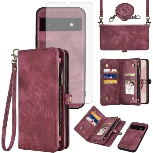 Phone Case for Google Pixel 6 Zipper Wallet Magnetic Detachable Cell Cover with Tempered Gl Screen Protector