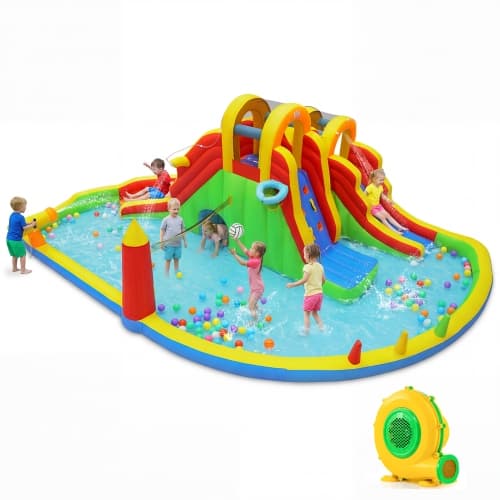 Costway Water Slide Park, Bounce House with 2 Long Slides & Climbing Walls, for Yard Party