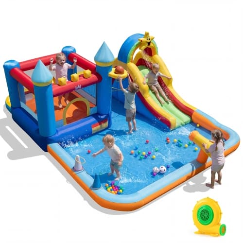 Costway Giant Water Slide Bounce House with Climbing Wall, Splash Pool & Basketball Hoop With 680W Blower