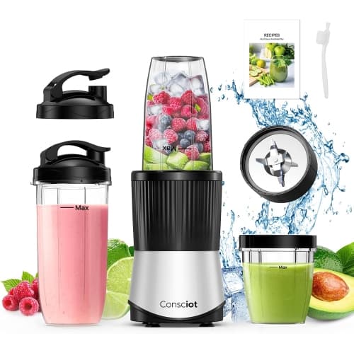 CB08 11-Piece Blender for Kitchen and Personal Size, Blend Shakes and Smoothies, Frozen Drinks, Baby Food, Spreads & More, 3 Portable To-Go Cups & 2 Spout Lids & 1 Solid Lid, 900