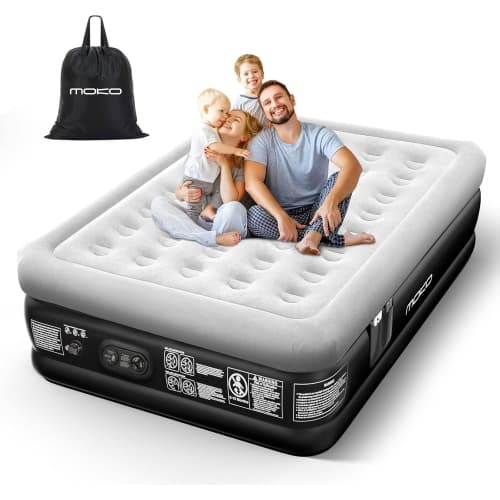 MoKo Air Mattress Queen with Built in Pump, 18'' Luxury Inflatable Mattress, 3 Min Fast Blow up Mattress, Comfort Top-Velvety Air Bed for Home, Camping, Travel, Guests, Black/Gray
