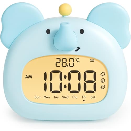 Kids Alarm Clock Elephant Design LED Night Light Digital Display 3 Alarms Date Function Baby Room Decor Light Blue 1 Piece