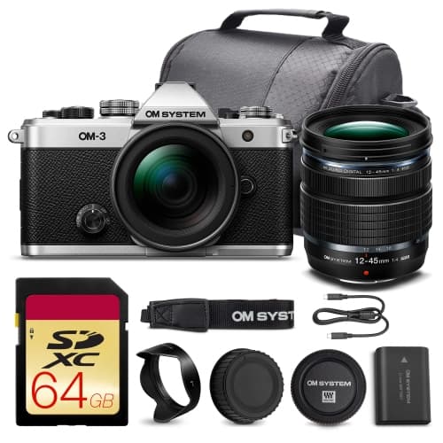 OM SYSTEM OM-3 Mirrorless Camera with 12-45mm f/4 PRO Lens Bundle + 64GB Card + Bag