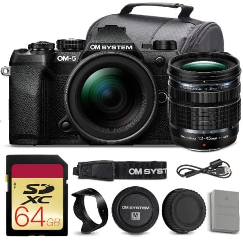 OM SYSTEM OM-5 Mark II Mirrorless Camera with 12-45mm f/4 PRO Lens Bundle + 64GB Card + Bag
