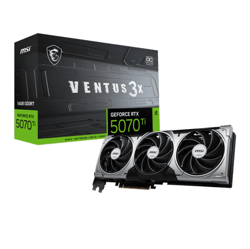 MSI GeForce RTX 5070 TI 16G VENTUS 3X OC Graphics Card, GDDR7 16G, PCI-E 5, 28Gbps, 256 bits, 16-pin x 1, HDMI 1 (2.1b), DP 3 (2.1a)