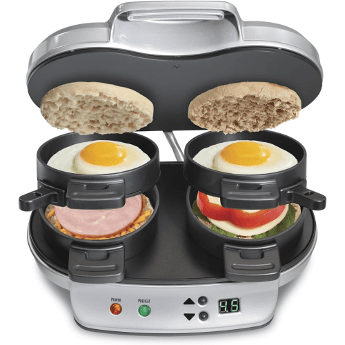 Open Box Hamilton Beach Dual Breakfast Sandwich Maker with Timer, Makes 2 Sandwiches, Non-Stick Cooking Plates, Dishwasher Safe Parts, Silver