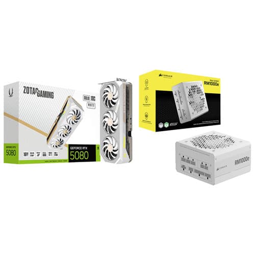 ZOTAC Gaming GeForce RTX 5080 Solid Core OC 16GB GDDR7 Video Card with 1000-Watt ATX Fully Modular Power Supply - White