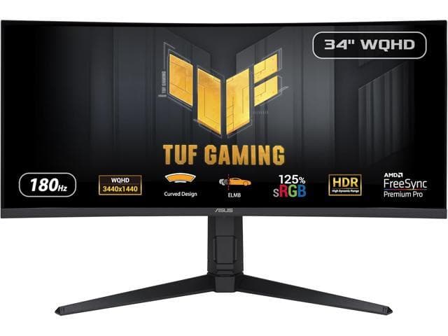 ASUS TUF Gaming 34 inch UltraWide QHD 2K 1440P 180Hz AMD FreeSync Premium Pro (Adaptive Sync) 1ms HDR400 ELMB Curved Gaming Computer Monitor with Height Adjustable, Swivel & Tilt Stand VG34VQL3A